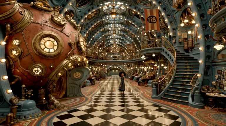 Grand steampunk hall with giant boilers and checkered marble flooring.