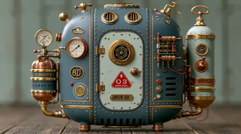 Blue steampunk industrial power unit with gauges, pipes, and brass pressure tanks.