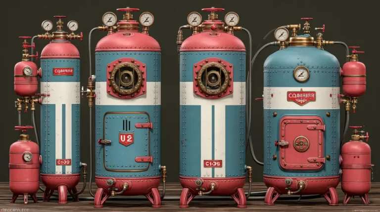 Large colorful industrial tanks with gauges in a steampunk workshop.