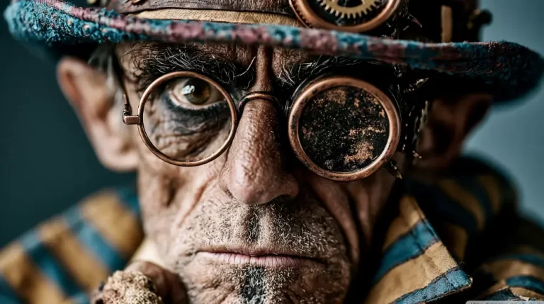 Portrait of an elderly steampunk inventor wearing brass goggles.