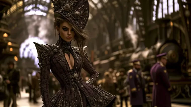 Elegant steampunk lady wearing an ornate Victorian outfit and elaborate hat inside a grand station.