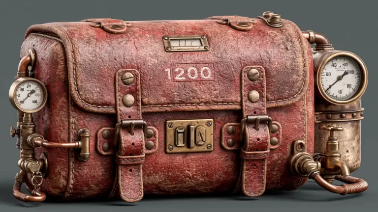 Steampunk leather equipment bag with straps, gauges, brass valves, pipes, and worn red material.