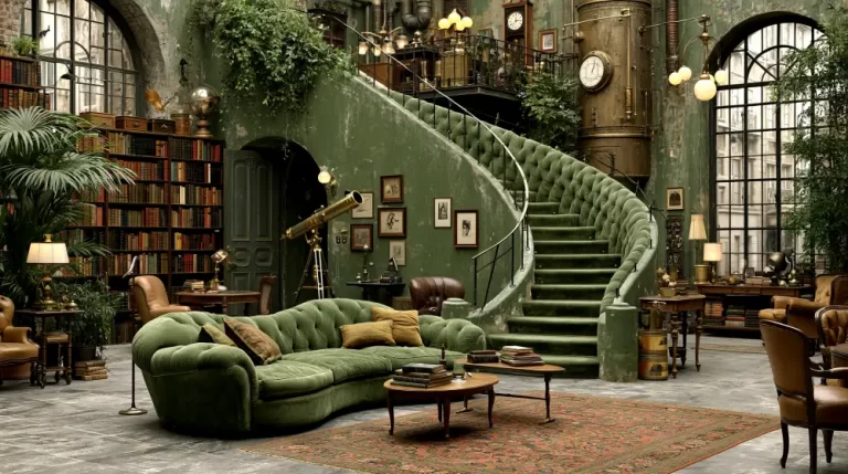 Elegant steampunk library lounge with a sweeping staircase and green interior.