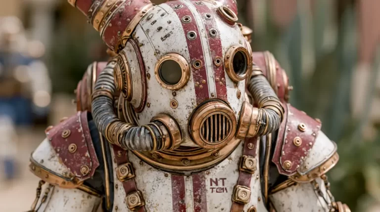 Close-up portrait of a steampunk character wearing a red and white industrial gas mask with brass fittings and tubes.
