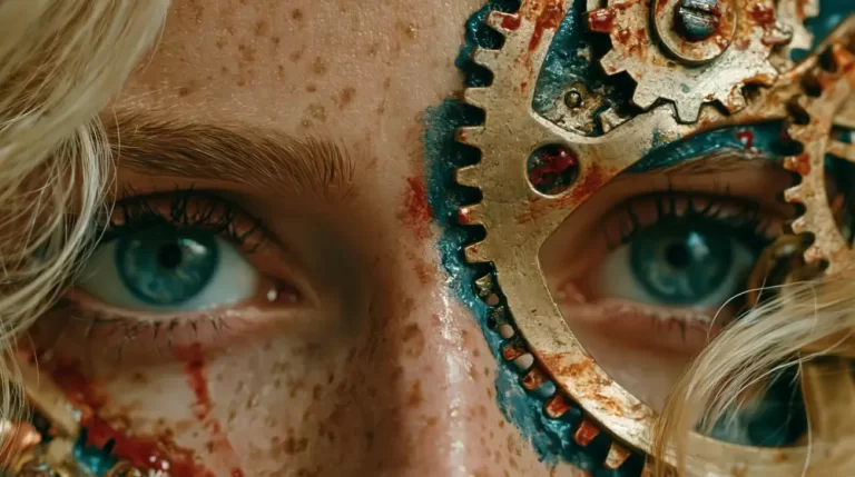 Close-up portrait of a woman wearing an elaborate steampunk mechanical eye mask.