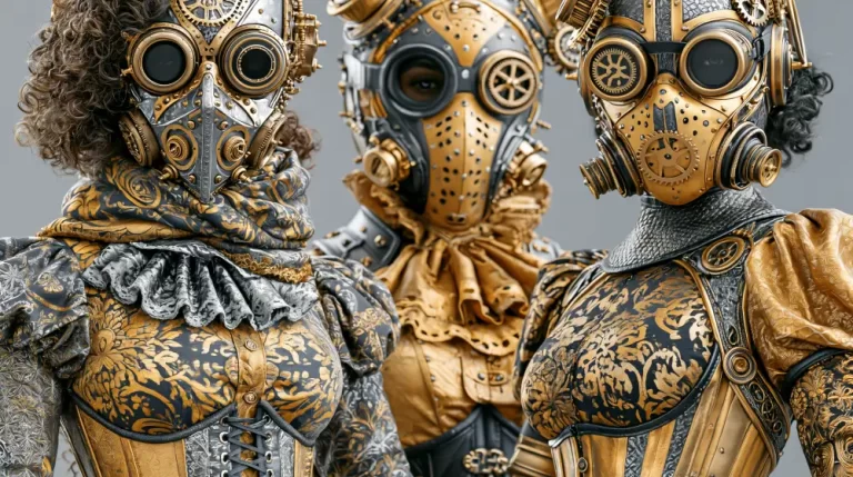 Three ornate steampunk characters wearing elaborate mechanical masks and goggles.