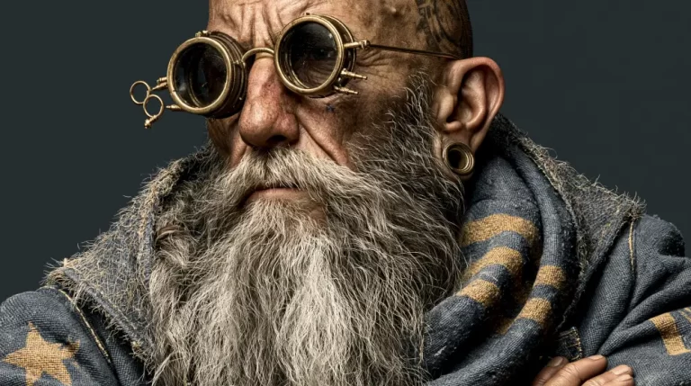 Portrait of an elderly steampunk inventor with brass goggles and a mechanical collar.