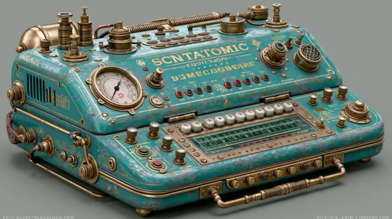 Blue steampunk mechanical console with gauges, switches, and brass controls.