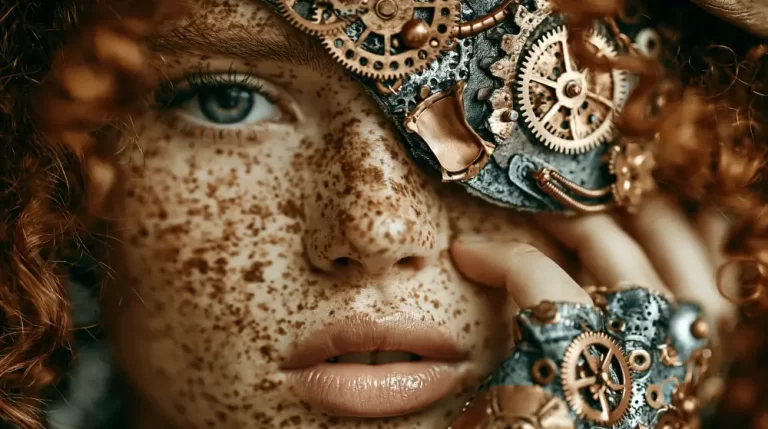 Close-up portrait of a freckled woman wearing an ornate brass mechanical eye mask.