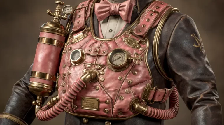 Steampunk mechanical leather chest rig with gauges, brass fittings, hoses, and a pink bow tie.