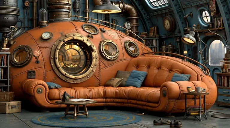 Steampunk lounge interior with a large orange sofa shaped like a mechanical boiler.