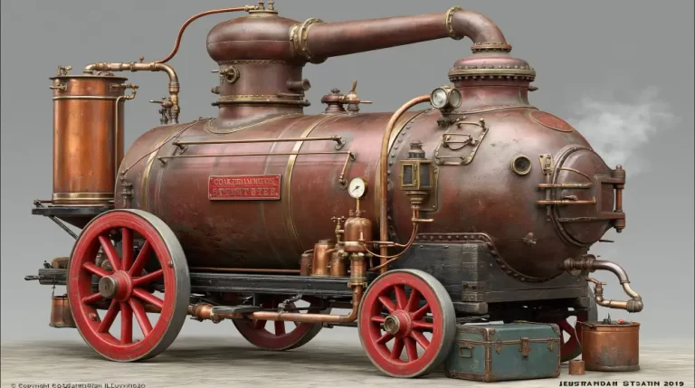 Large steam-powered boiler mounted on red wheels with brass pipes.