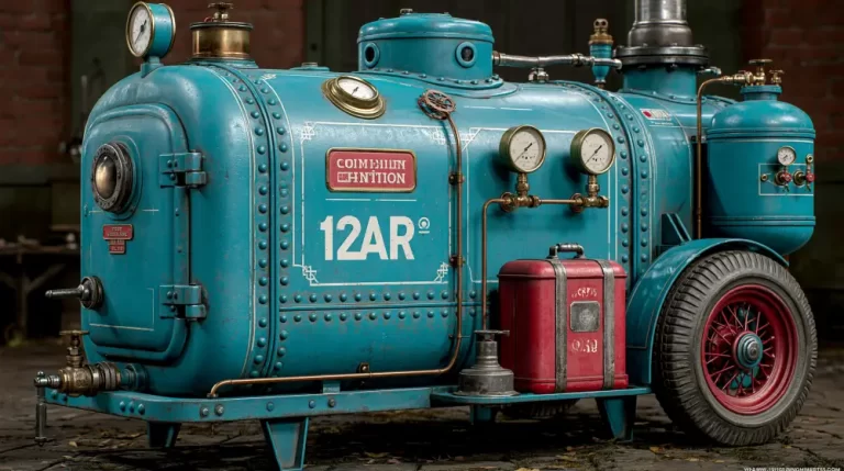 Blue portable steampunk generator with gauges, brass pipes, and wheels.