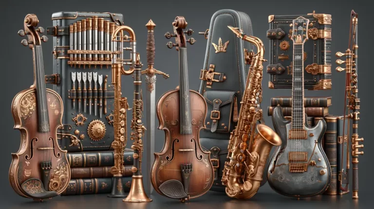 Collection of musical instruments decorated with ornate brass steampunk details.