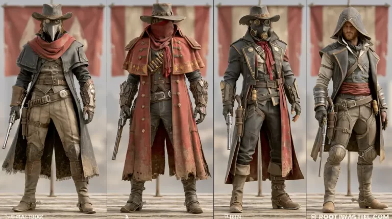 Four steampunk gunslingers wearing Victorian-inspired outfits and mechanical accessories.