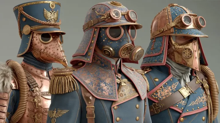 Three steampunk plague doctor officers wearing ornate blue uniforms, masks, and goggles.