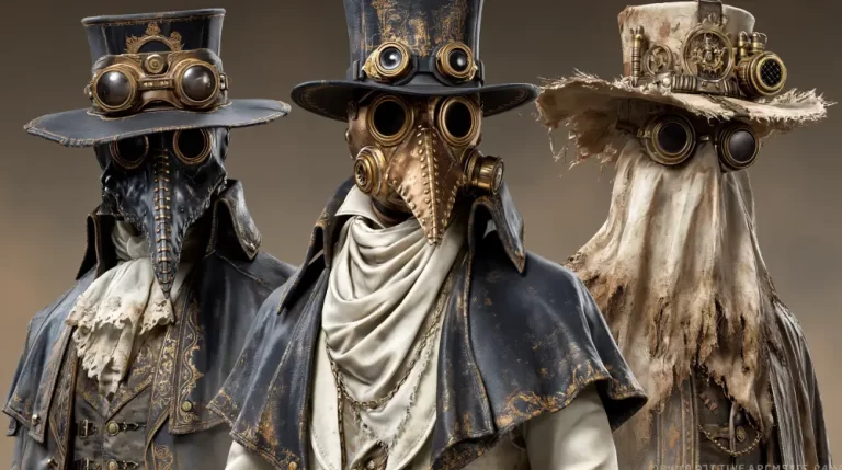 Three steampunk plague doctors wearing ornate masks, hats, and Victorian clothing.