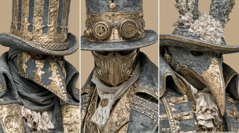 Three ornate steampunk plague doctors wearing elaborate masks and Victorian clothing.