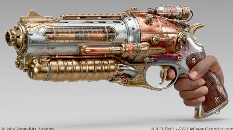 Large steampunk plasma pistol with polished brass fittings held in one hand.
