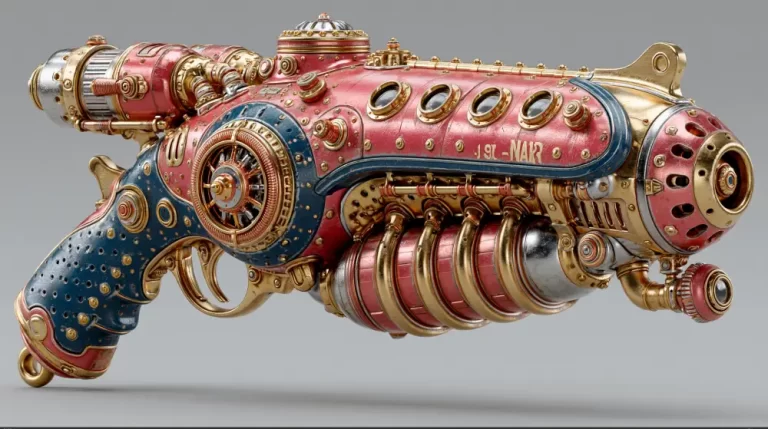 Colorful steampunk ray gun with ornate brass fittings and exposed machinery.