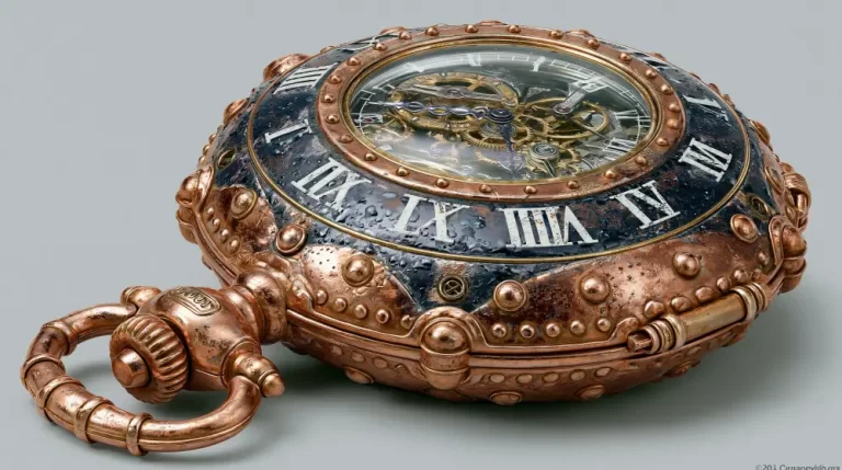 Ornate brass steampunk pocket watch with exposed mechanical movement.