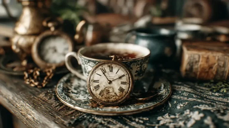 Steampunk pocket watch resting against a teacup on a vintage table with books, clocks, and ornate objects in the background.