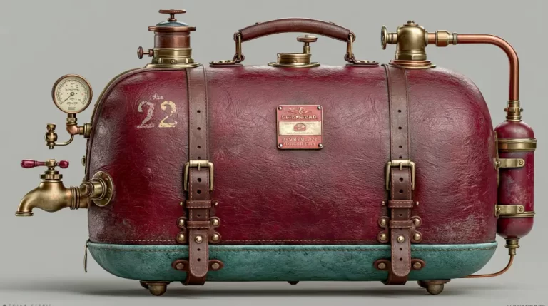 Compact portable steampunk steam boiler with brass pipes and pressure gauges.