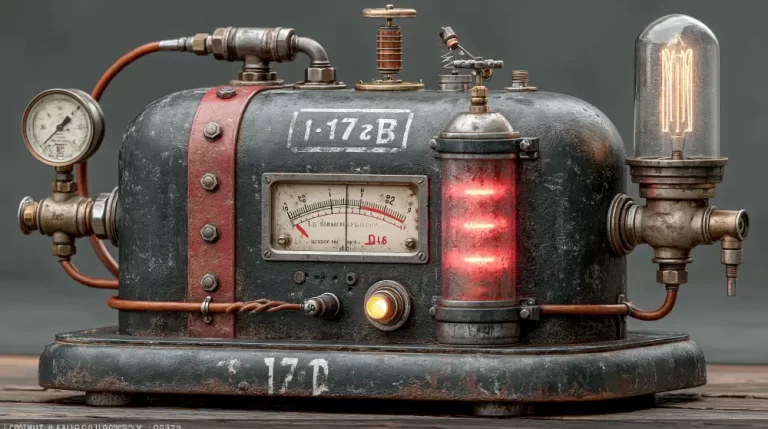 Vintage steampunk power regulator with glowing tubes, gauges, and valves.