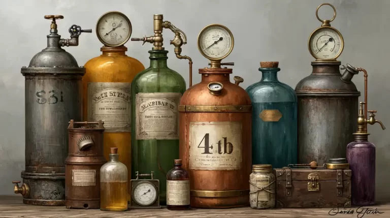 Collection of colorful steampunk pressure cylinders with vintage gauges.