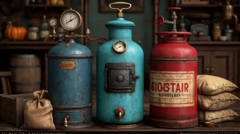 Three colorful steampunk pressure tanks with gauges displayed in a workshop.