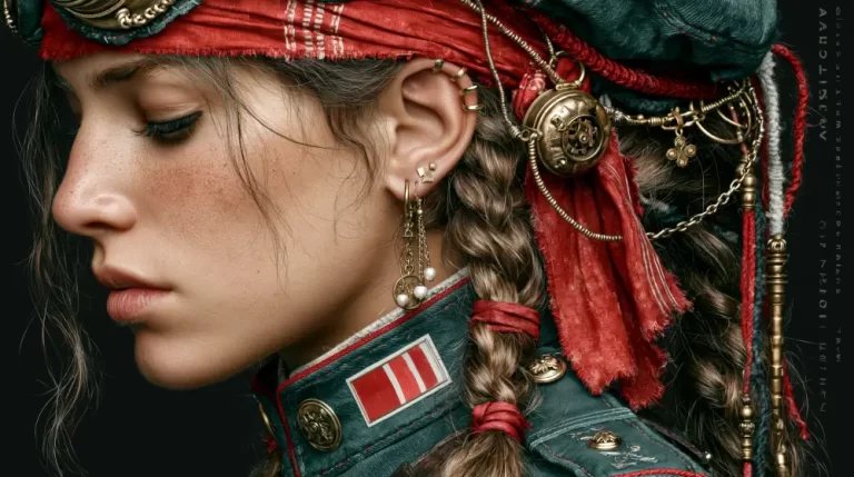 Steampunk profile portrait of a woman with braids, red scarf, green uniform, jewelry, and brass hair ornaments.