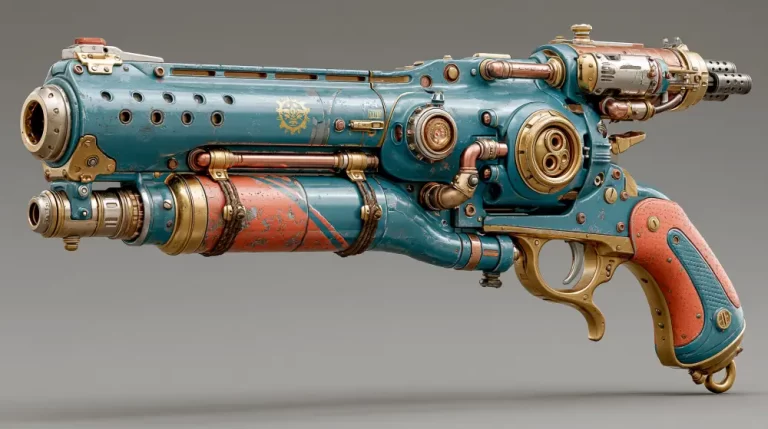 Detailed steampunk ray gun with brass gears and blue metal body.