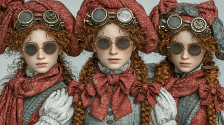 Three young steampunk women wearing brass goggles and matching red scarves.