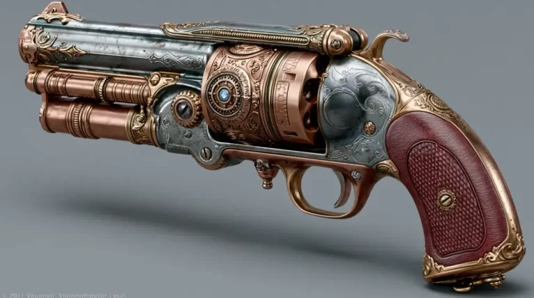 Detailed steampunk revolver with ornate brass engravings and exposed mechanical components.