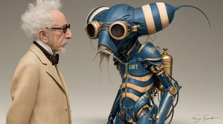 Victorian scientist standing face to face with a blue steampunk robot.