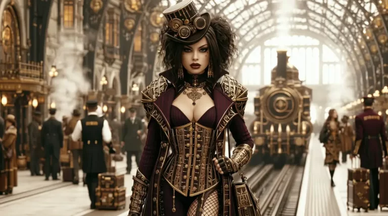 Elegant steampunk woman standing inside a grand Victorian railway station.