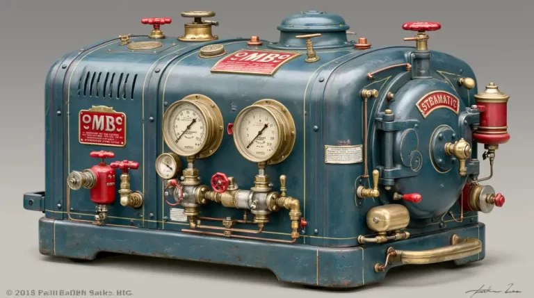 Blue steampunk steam generator with brass gauges, red valves, pipes, pressure dials, and worn industrial metal panels.