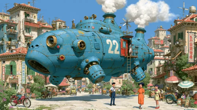 Blue steampunk submersible vehicle driving through a colorful city.