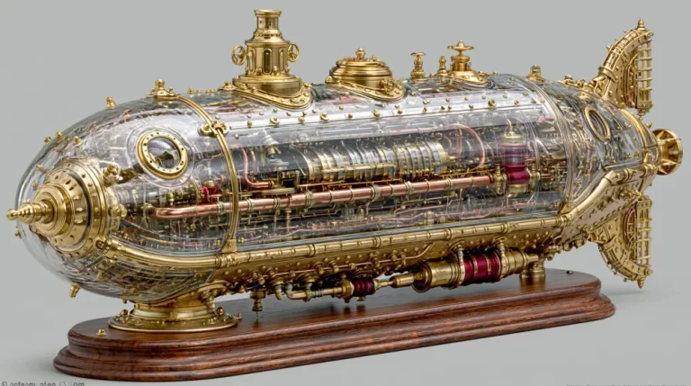 Detailed brass and glass steampunk submersible displayed on a wooden stand.