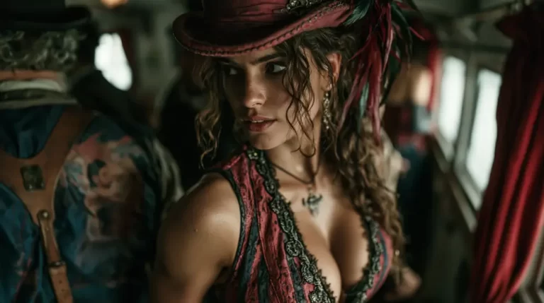Steampunk woman in a red hat and dress sitting inside a train carriage with dark curtains and vintage interior details.