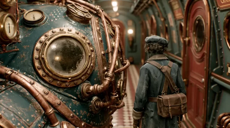 Steampunk train corridor with a child facing a large green mechanical wall covered in copper pipes, gauges, and portholes.