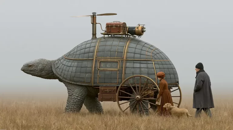 Steampunk turtle carriage crossing a grassy field with large wheels, a glass cabin, roof propeller, people, and a dog nearby.