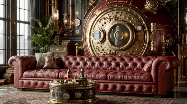 Luxurious steampunk lounge with a massive circular vault door behind leather seating.