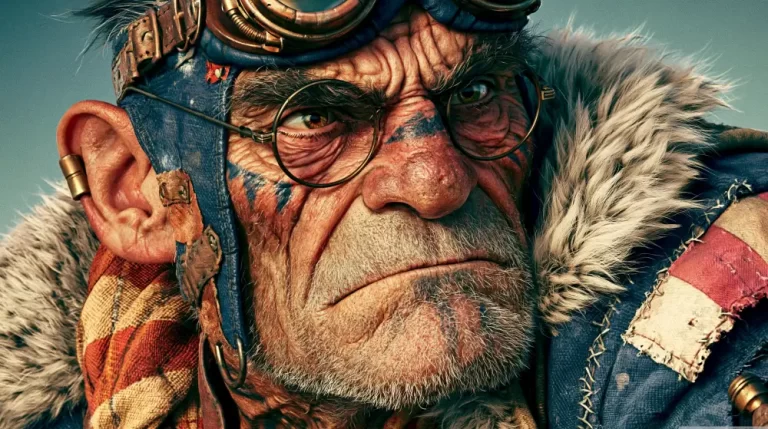 Portrait of an elderly steampunk aviator wearing goggles and a fur-lined jacket.