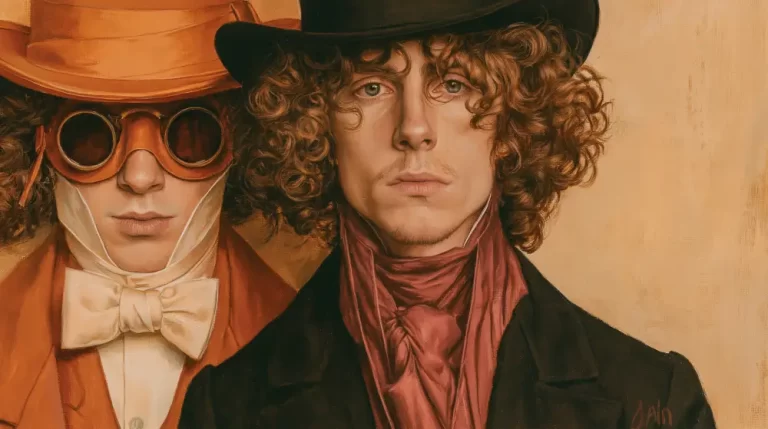 Portrait of two Victorian-inspired steampunk characters wearing goggles and period clothing.