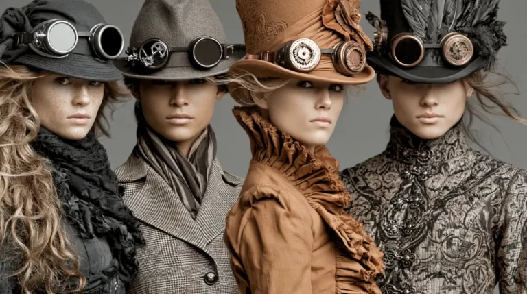 Four women wearing elegant steampunk hats, goggles, lace, and tailored Victorian outfits.