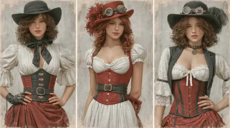 Three women wearing elegant Victorian-inspired steampunk outfits and hats.
