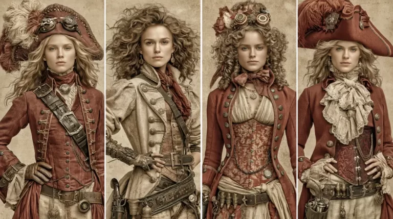 Four women wearing elegant Victorian-inspired steampunk outfits and ornate hats.