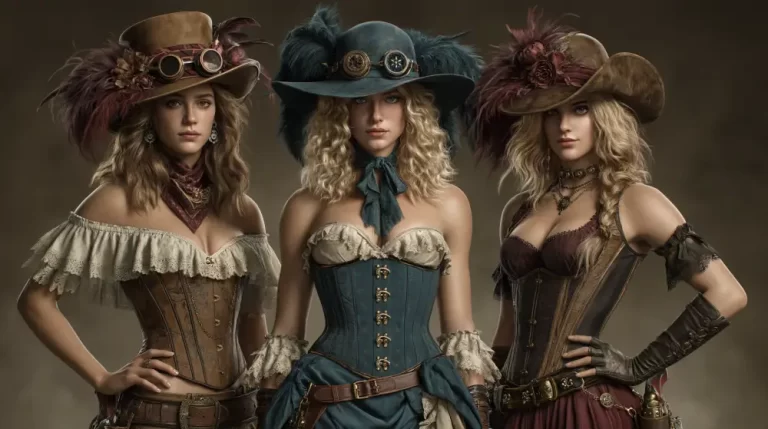 Three women wearing elaborate Victorian-inspired steampunk dresses and decorative hats.
