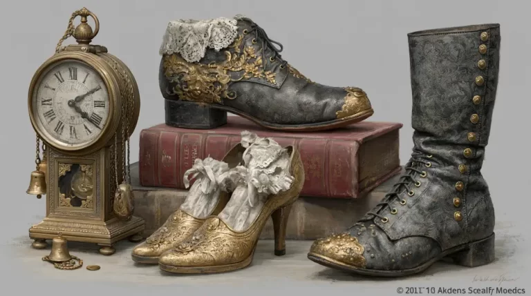 Collection of ornate Victorian boots, shoes, and antique accessories.